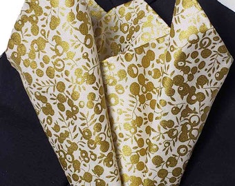 NEW Hand Stitched Pocket Square Wiltshire Shadow Gold Metallic Pattern Leafy Berries Italian Cotton Gold White