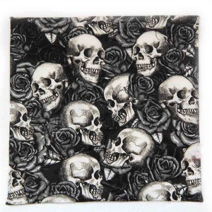 Hand Stitched / Rolled Hem Skull Pocket Square Cotton Black Gray White Floral Goth Men&#39;s