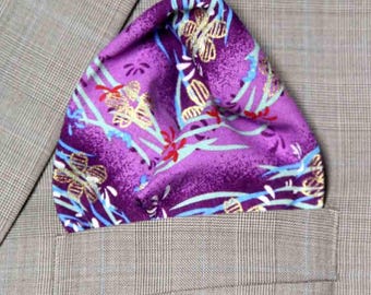 Gascoigne Hand Stitched Japanese Kimono Fabric Pocket Square Purple Floral Men's