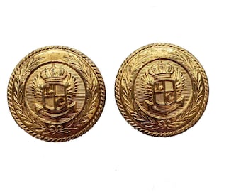 Two Vintage Waterbury Blazer Buttons Gold Brass Crown Shield Anchor Shank