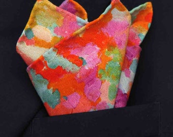 Hand Stitched Sewn Italian Cotton Pocket Square Multicolor Abstract Pattern Men's