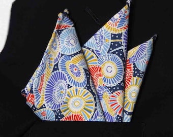 Hand Stitched Sewn Cotton Pocket Square Colorful Parasols Pattern Men's