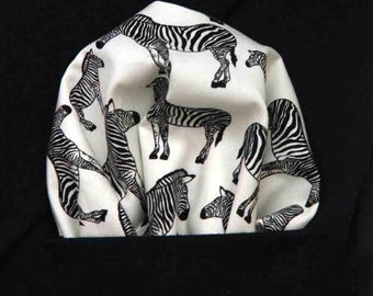 Hand Stitched Pocket Square Cotton White Black Zebra Pattern Men's