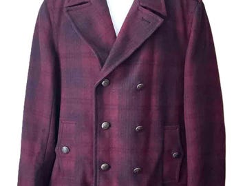 Ben Sherman Peacoat Coat Red Gray Wool Blend Plaid Double Breasted Men's SLIM M