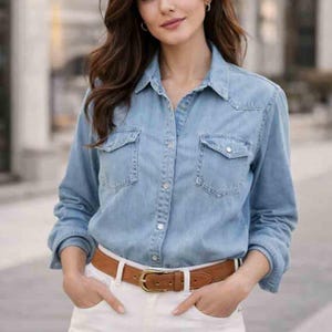 Puede incluir: Una camisa vaquera azul claro con dos bolsillos en el pecho y cierre de botones. La camisa se combina con pantalones blancos y un cintur&oacute;n de cuero marr&oacute;n con hebilla dorada. El conjunto es informal y elegante.