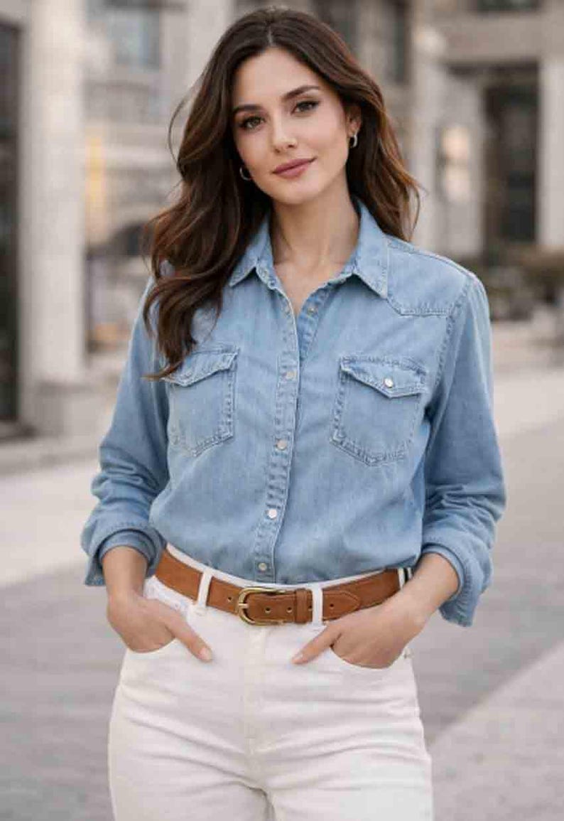 Puede incluir: Una camisa vaquera azul claro con dos bolsillos en el pecho y cierre de botones. La camisa se combina con pantalones blancos y un cintur&oacute;n de cuero marr&oacute;n con hebilla dorada. El conjunto es informal y elegante.