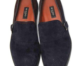 ETRO Italian Loafers Shoes Blue Red Leather Suede Men's Size USA 10M