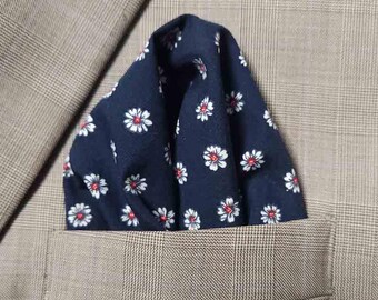 Gascoigne Small Hand Stitched Pocket Square Floral Cotton Navy Blue White Red