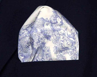Pañuelo de bolsillo con estampado Toile de Jouy cosido a mano de algodón azul y blanco para hombre