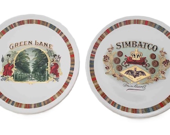 Two Pottery Barn Fireside Club Plates Cigar Label Pattern 8.25" Porcelain
