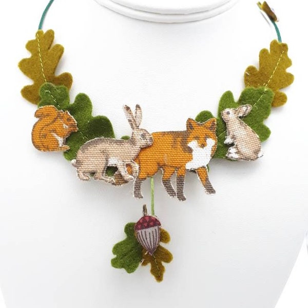 Handmade fox, hare, squirrel, butterfly, oak leaf felt necklace