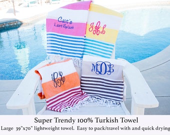 Monogram Beach Towel, personalized turkish towel, bridesmaid gift, Birthday Gift, Graduation Gift, Embroidered Towel, monogrammed beach