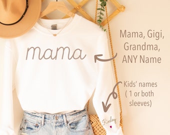 Gestricktes besticktes Sweatshirt | Mama Sweatshirt | Kindernamen auf dem Ärmel | Sweatshirt für Oma | Personalisiert mit dem Namen des Kindes auf dem Ärmel