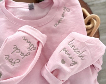 Embroidered Neckline sweatshirt | Sleeve Embroidery | Sweatshirt for mama | Personalized w/ child's name on sleeve