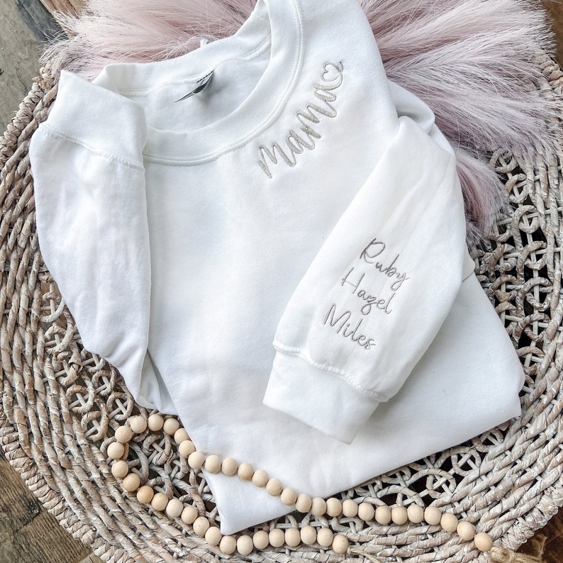 Mama sweatshirt with kids names on sleeve Children's names on Sleeve Personalized w/ child's name on sleeve image 4