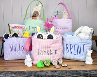Personalized Seersucker Easter Basket: Embroidered Kids Gift