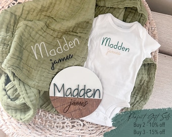 Embroidered Baby Gift | Custom Wooden Baby Disc Onesie and Baby Blanket | Baby Shower Gift Set