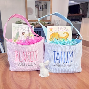Personalized Seersucker Easter Basket: Embroidered Kids Gift
