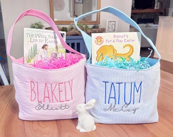 Personalized Seersucker Easter Basket: Embroidered Kids Gift