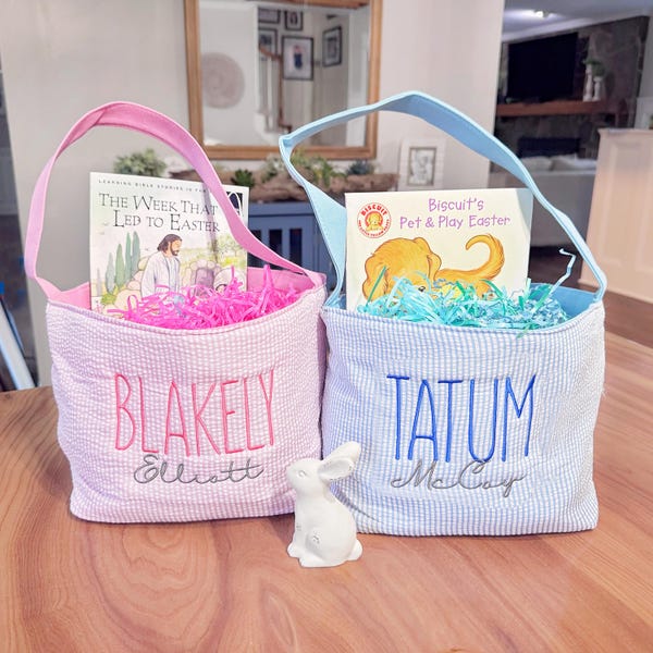 Personalized Seersucker Easter Basket: Embroidered Kids Gift