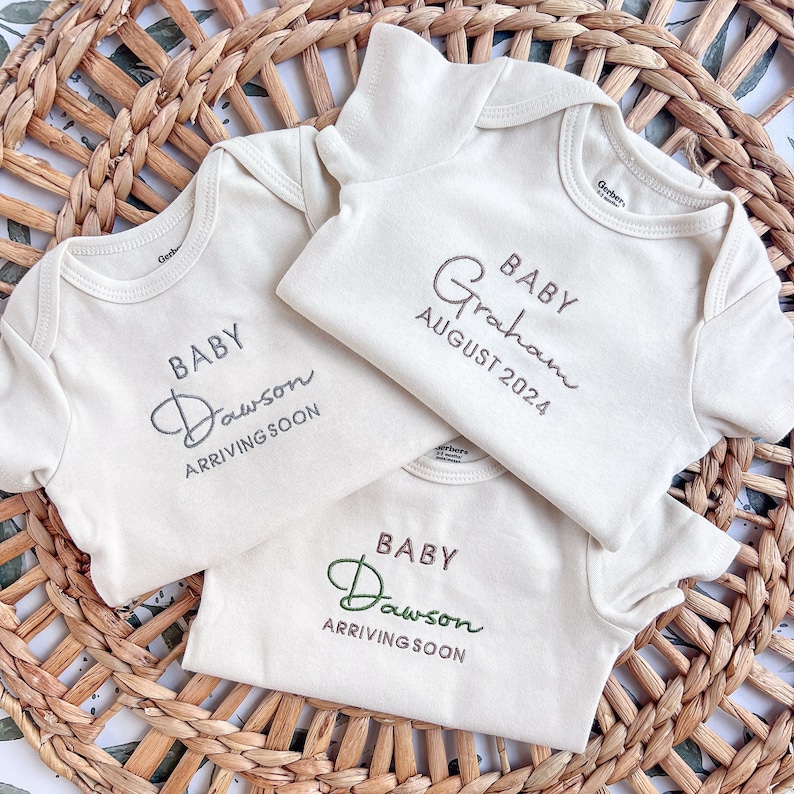 Embroidered Onesies® Brand, Pregnancy Announcement Baby Onesies®, Personalized Baby Onesies® Baby Name Onesie® Girl, Boy, image 1