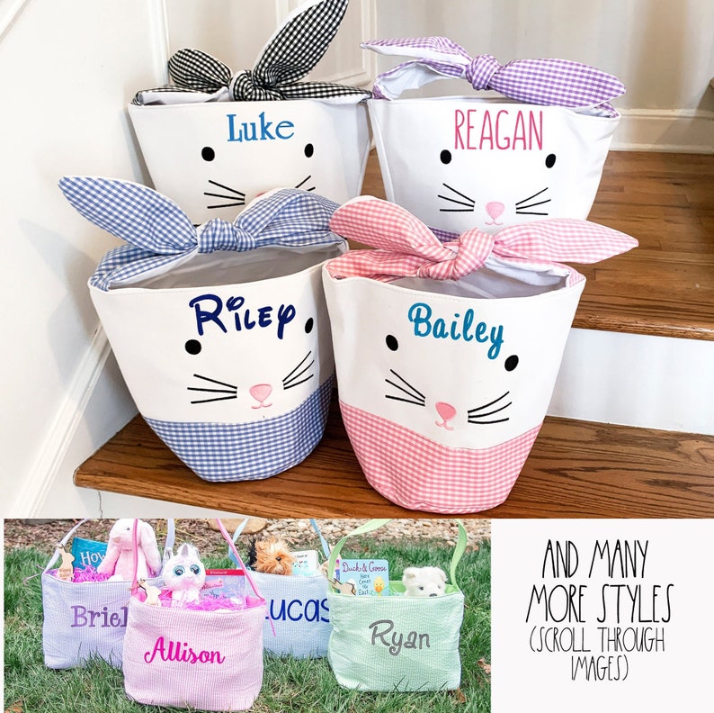 May include: Four personalized Easter baskets with bunny faces and gingham bows. The baskets are in blue, pink, purple, and black gingham. The names Luke, Reagan, Riley, and Bailey are embroidered on the baskets.