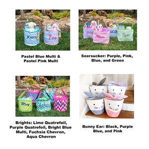 May include: Four different styles of Easter baskets. The first basket is pastel blue and pink with the name "Mason" embroidered on it. The second basket is pastel blue and pink with the name "Zoe" embroidered on it. The third basket is seersucker fabric in purple, pink, blue, and green with the name "Briel" embroidered on it. The fourth basket is seersucker fabric in purple, pink, blue, and green with the name "Allison" embroidered on it. The fifth basket is seersucker fabric in purple, pink, blue, and green with the name "Lucas" embroidered on it. The sixth basket is seersucker fabric in purple, pink, blue, and green with the name "Ryan" embroidered on it. The seventh basket is lime green, purple, and blue with the name "Ricep" embroidered on it. The eighth basket is blue and white chevron with the name "Luke" embroidered on it. The ninth basket is pink and white chevron with the name "Riley" embroidered on it. The tenth basket is white with black bunny ears and a blue and white gingham bow. The eleventh basket is white with black bunny ears and a purple and white gingham bow. The twelfth basket is white with black bunny ears and a pink and white gingham bow.
