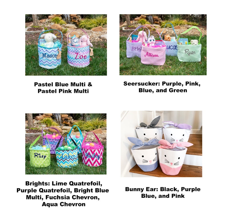 May include: Four different styles of Easter baskets. The first basket is pastel blue and pink with the name "Mason" embroidered on it. The second basket is pastel blue and pink with the name "Zoe" embroidered on it. The third basket is seersucker fabric in purple, pink, blue, and green with the name "Briel" embroidered on it. The fourth basket is seersucker fabric in purple, pink, blue, and green with the name "Allison" embroidered on it. The fifth basket is seersucker fabric in purple, pink, blue, and green with the name "Lucas" embroidered on it. The sixth basket is seersucker fabric in purple, pink, blue, and green with the name "Ryan" embroidered on it. The seventh basket is lime green, purple, and blue with the name "Ricep" embroidered on it. The eighth basket is blue and white chevron with the name "Luke" embroidered on it. The ninth basket is pink and white chevron with the name "Riley" embroidered on it. The tenth basket is white with black bunny ears and a blue and white gingham bow. The eleventh basket is white with black bunny ears and a purple and white gingham bow. The twelfth basket is white with black bunny ears and a pink and white gingham bow.