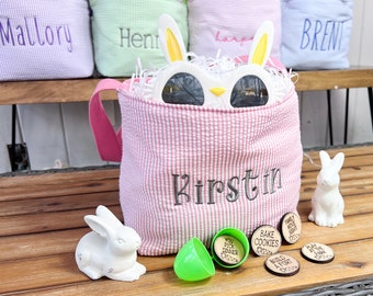 Personalized Seersucker Easter Basket: Embroidered Kids Basket