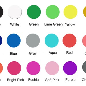 May include: A color chart with 18 different colors, including black, white, green, lime green, yellow, gold, navy, blue, gray, aqua, red, coral, orange, bright pink, fuchsia, soft pink, purple, and charcoal.