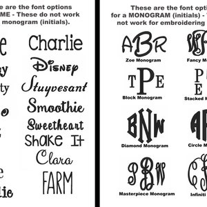 May include: A chart showing different font options for names and monograms. The left side shows fonts for names, such as "Cookie", "Charlie", "Whimsey", "Disney", "University", "Stuyvesant", "Boingo", "Curlz", "Zoe", "Simple", "Maddie", "Smoothie", "Sweetheart", "Shake It", "Clara", and "FARM". The right side shows fonts for monograms, such as "Zoe Monogram", "Block Monogram", "Diamond Monogram", "Fancy Monogram", "Stacked Monogram", "Circle Monogram", "Masterpiece Monogram", and "Infiniti Monogram".