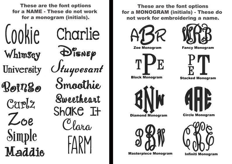 May include: A chart showing different font options for names and monograms. The left side shows fonts for names, such as "Cookie", "Charlie", "Whimsey", "Disney", "University", "Stuyvesant", "Boingo", "Curlz", "Zoe", "Simple", "Maddie", "Smoothie", "Sweetheart", "Shake It", "Clara", and "FARM". The right side shows fonts for monograms, such as "Zoe Monogram", "Block Monogram", "Diamond Monogram", "Fancy Monogram", "Stacked Monogram", "Circle Monogram", "Masterpiece Monogram", and "Infiniti Monogram".