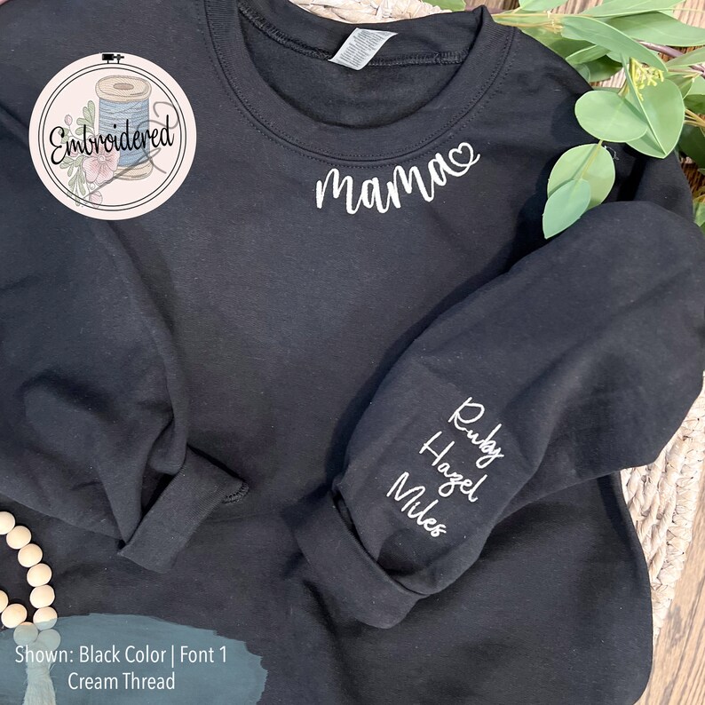 Mama sweatshirt with kids names on sleeve Children's names on Sleeve Personalized w/ child's name on sleeve image 2