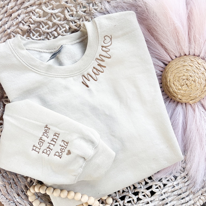 Embroidered Mama sweatshirt Kids names on sleeve Sweatshirt for mama Personalized w/ child's name on sleeve image 1