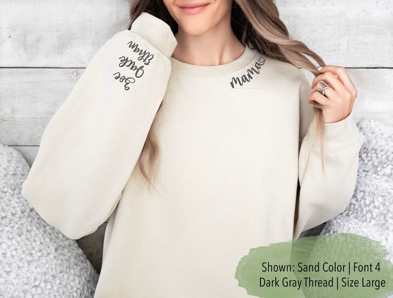 Mama sweatshirt with kids names on sleeve Children's names on Sleeve Personalized w/ child's name on sleeve image 1