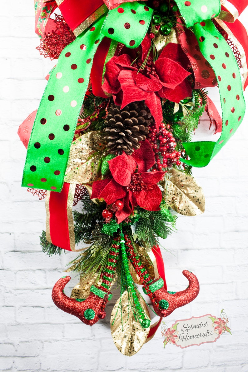 Sale Elf Swag Christmas Door Swag Poinsettia Christmas Swag Etsy