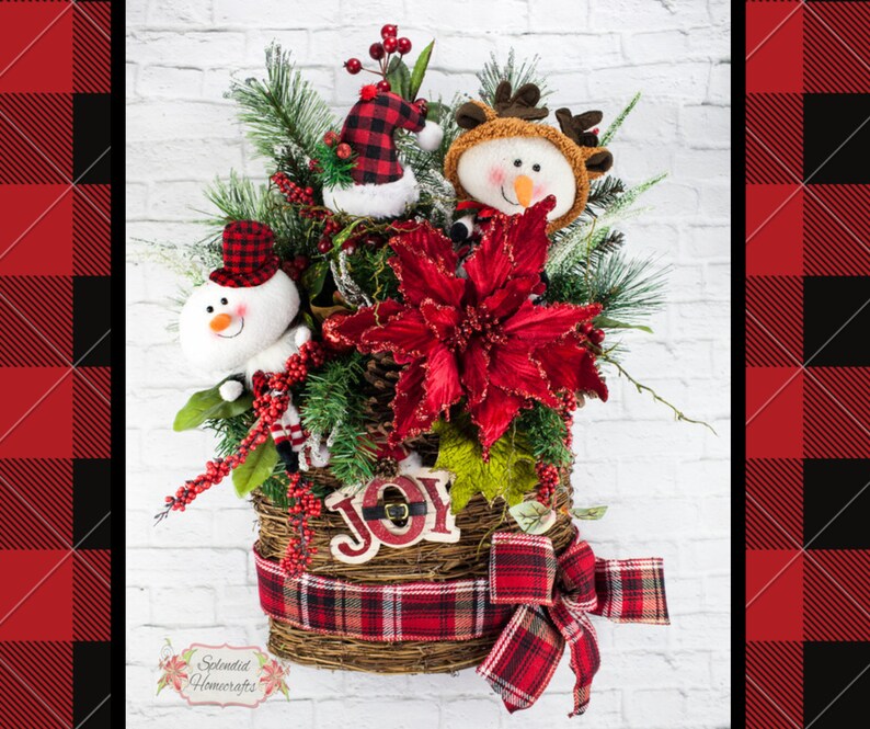 Snowman Wreath Christmas Wreath Buffalo Plaid Wreath Poinsettia Wreath Snowman Decoration Rustic Snowman Wreath Snowman Wall Decor