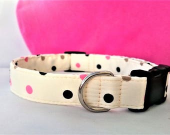 Pink and Black Polka Dot Designer Dog Collar on Cream Background, Pink Polka Dot Girl Dog Collar, Optional Lead