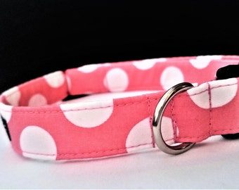 Pink Large Polka Dot Dog Collar, Salmon Pink Dog Collar, Spotty Dog Collar, Puppy Collar Girl