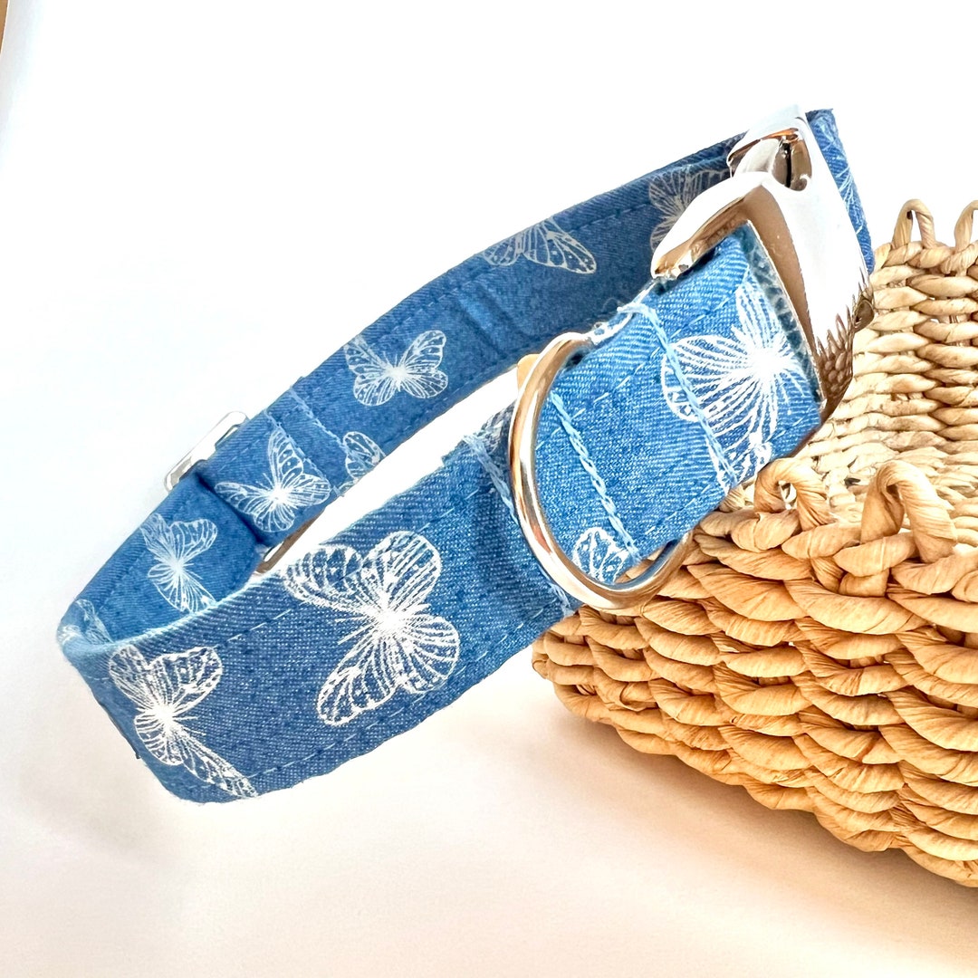 Denim Dog Collar, Dog Collar With Butterflies, Handmade Dog Collar Boys