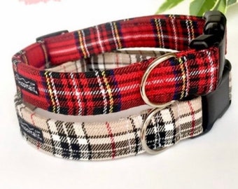 Tartan Dog Collar, Red Beige Tartan Dog Collar, Tartan Puppy Collar, Christmas dog collar, tartan dog bandana with frills, dog lead