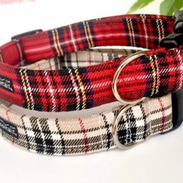 Tartan-Hundehalsband, Rot-Beige-Tartan-Hundehalsband, Tartan-Welpenhalsband, Weihnachts-Hundehalsband, Tartan-Hundehalstuch mit Rüschen, Hundeleine