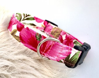 Pink floral dog collar Hibiscus, pink dog collar flower, delicate pink floral girl dog collar, cute green puppy collar flower, optional lead