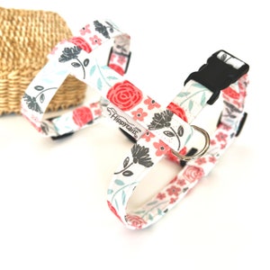 Pastel dog harness with peach and mint flowers, mint dog harness flowers, pink dog harness roses, optional lead available