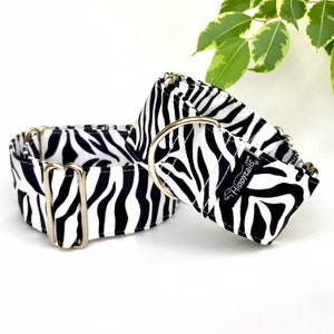 Martingale collar zebra print, whippet collar, greyhound collar, sighthound collar, 40mm, 50mm wide dog collar, optional lead