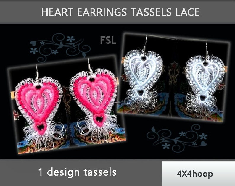 Heart tassels lace No.215-4x4hoop INSTANT DOWNLOAD Machine embroidery digitization earrings