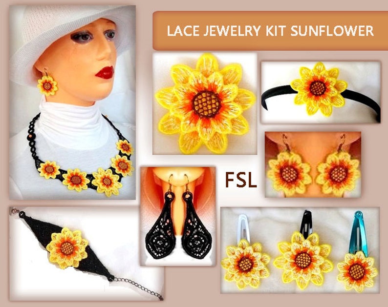 lace No.34-51 jewelry Sunflower embroidery design 5x7hoopINSTANT DOWNLOAD set FSL kit 4x4hoop