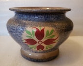 Spongeware Pottery Bowl with Floral Motif Blue with Red and Green