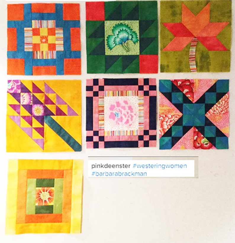 May include: Nine colorful fabric squares with different patterns, including a red and blue square with a smaller square in the center, a green square with a floral design, a yellow square with a purple and pink design, a pink square with a floral design, a red square with a blue and green design, a yellow square with a green and orange design, and a text overlay that reads "pinkdeenster #westeringwomen #barbarabrackman".