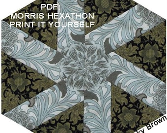 MORRIS HEXATHON. Historical Hexagon Quilt-Along. 26 Hexies with Arts & Crafts, William Morris theme. Epp or Template Piecing.PDF to print.